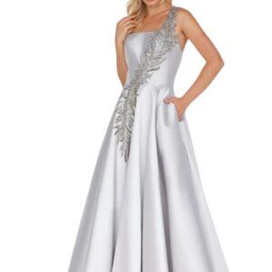 Terani Couture Silver One-Shoulder Prom Dress
